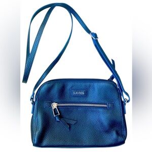 LODIS Black Leather Crossbody Bag NWOT! Blue Trim Accents With Flowered …